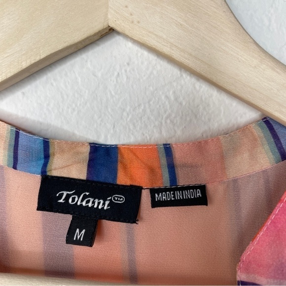 Tolani Multicolor Striped Ruffle Short Sleeve Top V Neck Round Hem Orange Blue - Picture 7 of 8